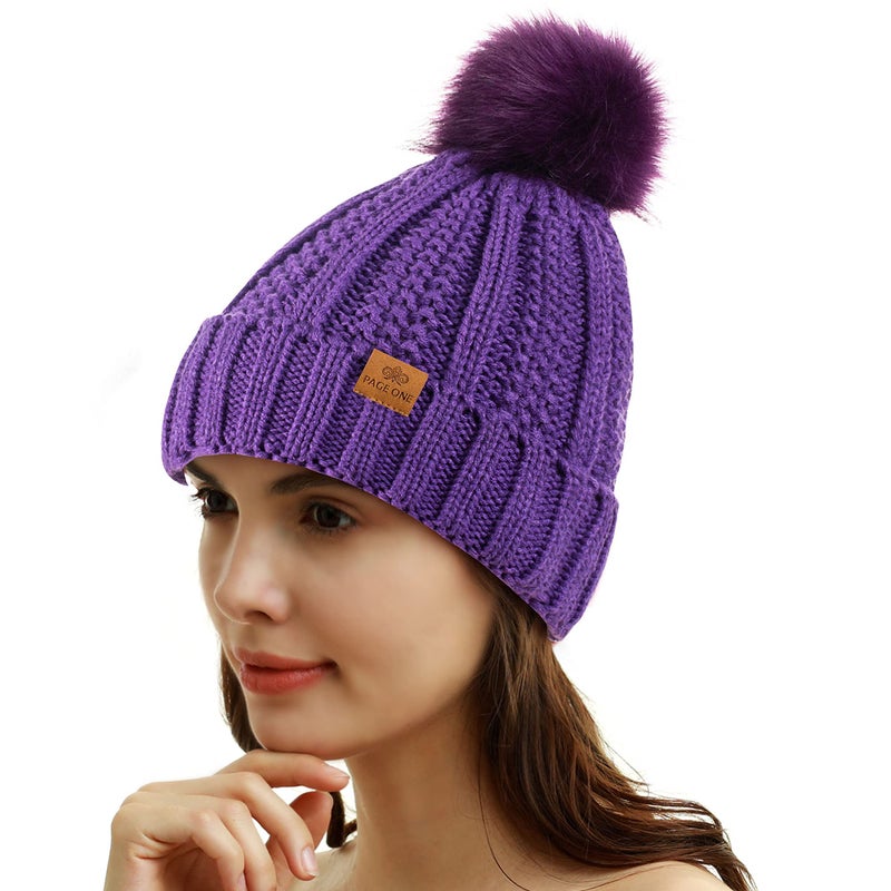 PAGE ONE Womens Winter Thick Cable Knit Beanie Faux Fur Pom Hat Fleece Lined Skull Cap Purple - Image 2